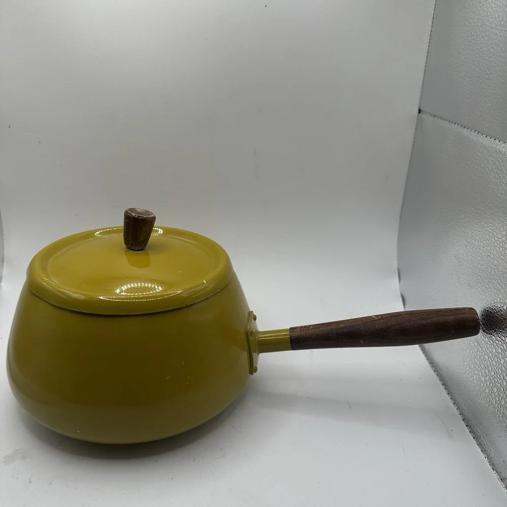Vintage Enameled Metal Walnut Wood Handle Yellow Green Fondue Pot MCM